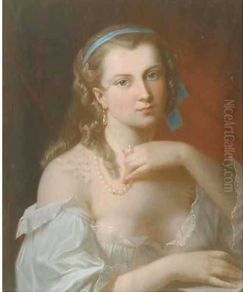 A young beauty wearing a pearl necklace Oil Painting by Akos Von Aranyossy