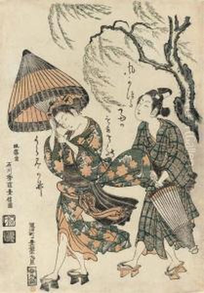 Benizuri-e Of A Young Couple Waking In A Strong Wind Under A Willow Tree Oil Painting by Ishikawa Shuha Toyonobu