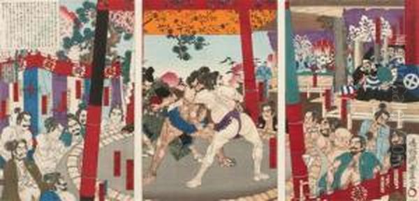 Triptychon Bestehend Aus Oban Tate-e. Lebhafte Darstellung Oil Painting by Utagawa Toyonobu