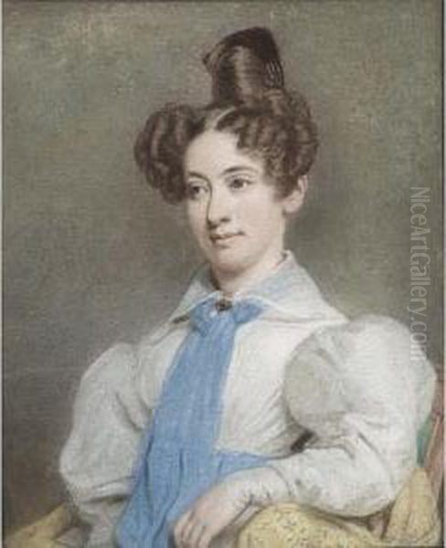 Half-length Portrait Of A Young Woman In A White Blouse And Blue Scarf Oil Painting by Francesco Tozelli