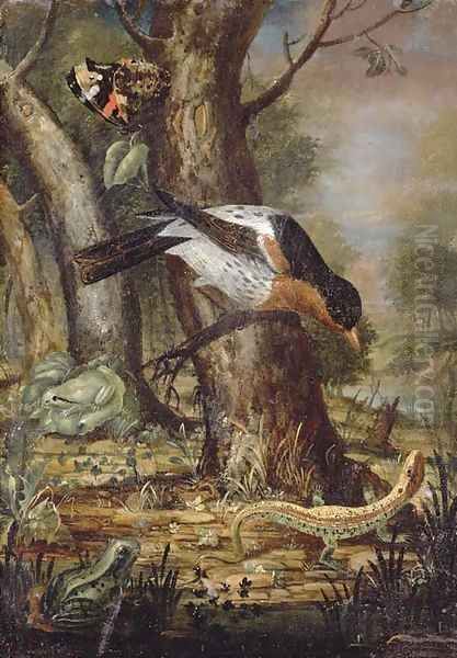 A forest-floor still life with a thrush on a branch, a lizard, a butterfly and two frogs Oil Painting by Johann-Adalbert Angermeyer