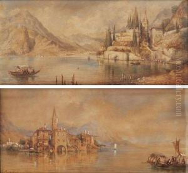 Vue Du Lac De Lugano Avec Morcote Et Portoceresio. Oil Painting by Ercole, Hercule Trachel