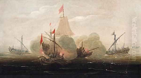 A naval engagement with barges attacking a man-o'-war Oil Painting by Aart Van Antum