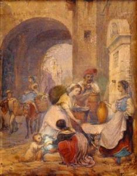 Personnages Autour D'une Fontaine Oil Painting by Ercole, Hercule Trachel