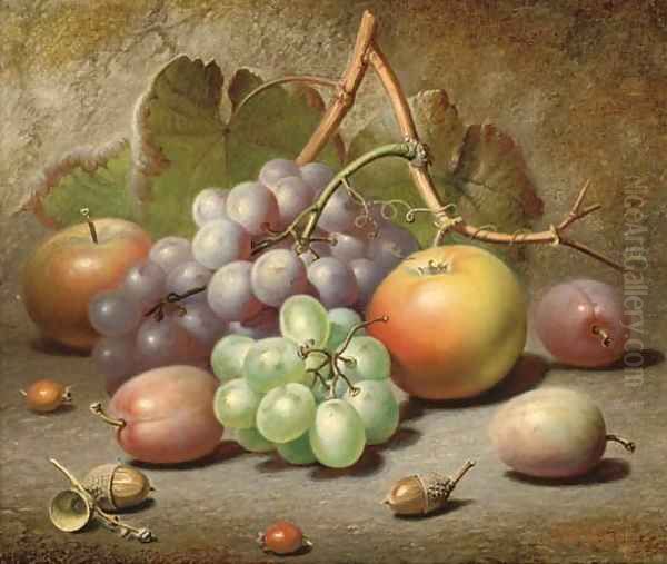 Grapes, apples, plums and acorns on a mossy bank Oil Painting by Charles Archer