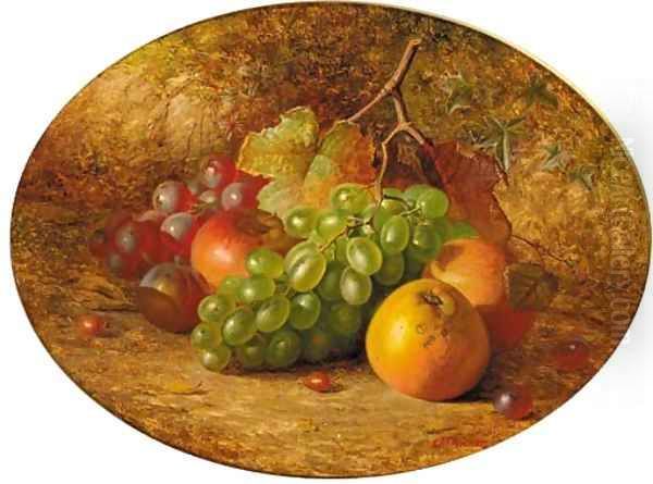 Apples, grapes and a plum, on a mossy bank Oil Painting by Charles Archer