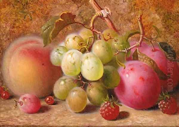 Grapes, plums, raspberries, and a peach, on a mossy bank Oil Painting by Charles Archer