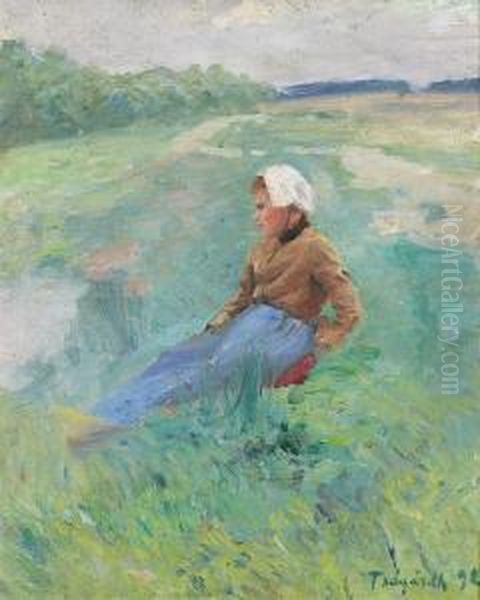 Vilande Kvinna I Landskap Oil Painting by Carl Tragardh