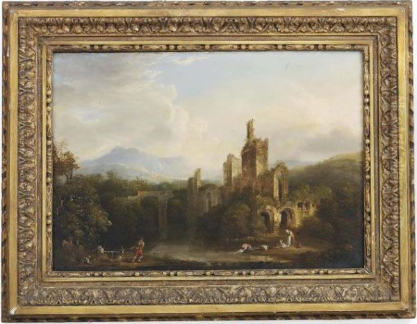 A View Of A Castle With Figures Washing Sheets And A Goat Herder On A River Bank Oil Painting by William Traies