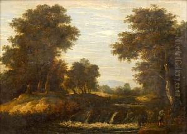 Neoclassical Landscape With Figures By A River Oil Painting by William Traies