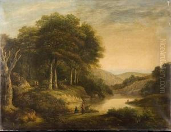 Wooded River Landscape With Anglers Andfigures Walking On The Bank Oil Painting by William Traies