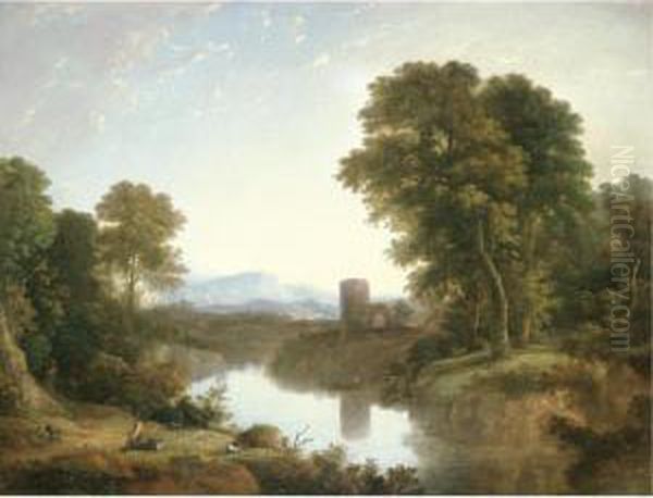 Landscape With River And Castle Ruin Beyond Oil Painting by William Traies