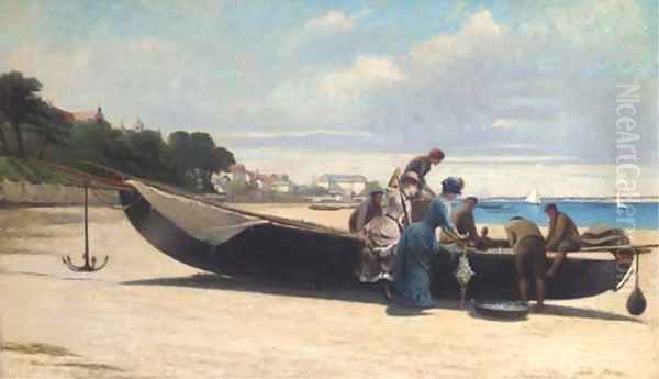 Elegantes a l'arrivee des pecheurs dans la Baie Arcachon Oil Painting by Jules-Charles Aviat