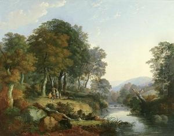 A Wooded Landscape With Travelers By Astream Oil Painting by William Traies