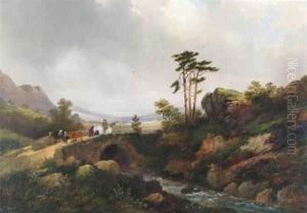 Highland Scene With Travellers On Abridge Oil Painting by Edward Train