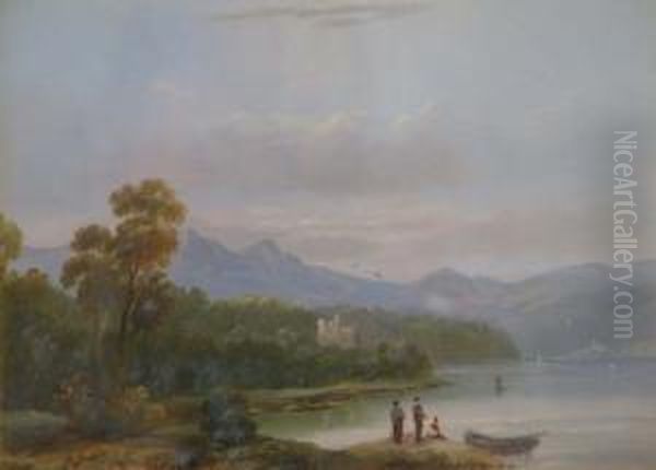 Figures And Castle Beside A Lake Signed 5.5 X 7.5in Oil Painting by Edward Train