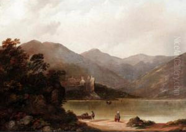 Figures At The Head Of Loch Awe With Kilchurn Castle Beyond Oil Painting by Edward Train