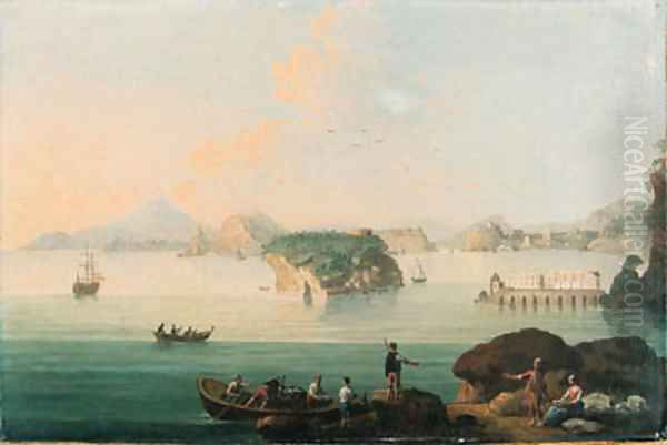 View of Pozzuoli, with fishermen bringing in their catch in the foreground, Vesuvius beyond Oil Painting by Pietro Antoniani