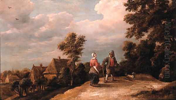 Peasants returning from market on a sandy path by a village Oil Painting by Thomas Van Apshoven