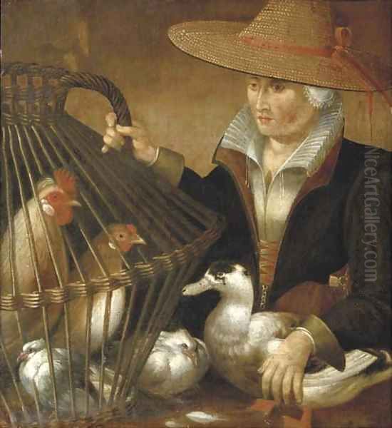 A woman holding a duck and a bird cage with chickens and a dove Oil Painting by Pieter Aertsen