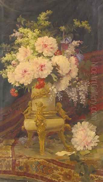 Summer flowers in an ormolu mounted vase Oil Painting by Aurelio Tolosa Alsina