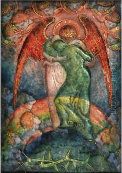 'the Mountain Top': A Small Arts And Crafts Enamel Oil Painting by Phoebe Anna Traquair