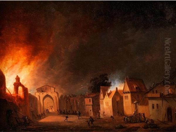 Ansicht Einer Brennenden Stadt Oil Painting by Johann Georg Trautmann