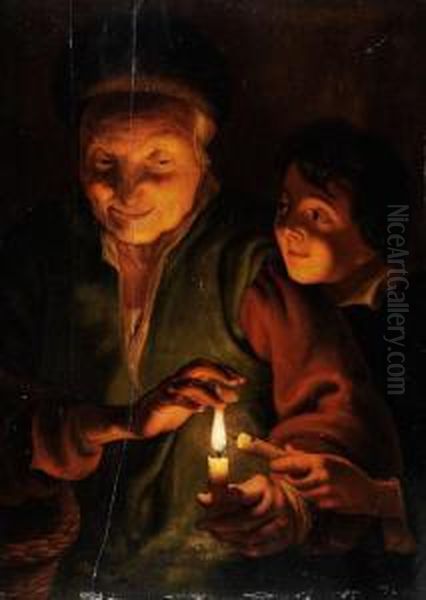 Alte Frau Mit Einem Knaben, Vonkerzenlicht Beleuchtet Oil Painting by Johann Georg Trautmann