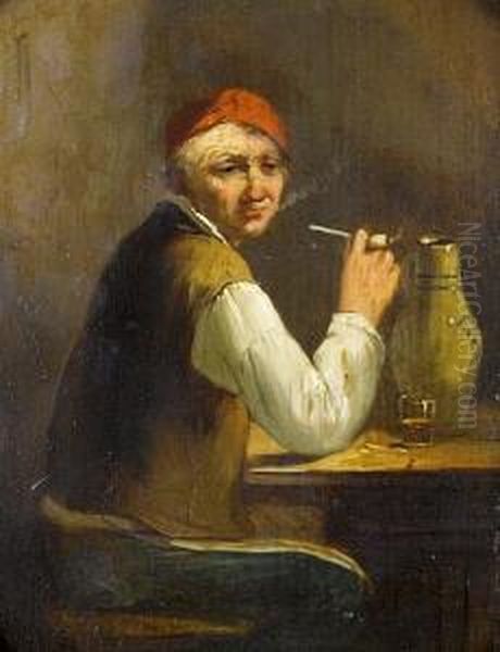 A Peasant At A Table Smoking Anddrinking Oil Painting by Johann Georg Trautmann