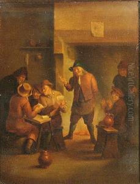 Figures Playing Cards In An Interior; And Another Painting By The Same Hand (a Pair) Oil Painting by Johann Peter Trautmann