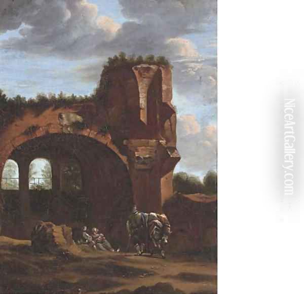 An Italianate landscape with travellers at rest by a classical arch Oil Painting by Jan Asselyn