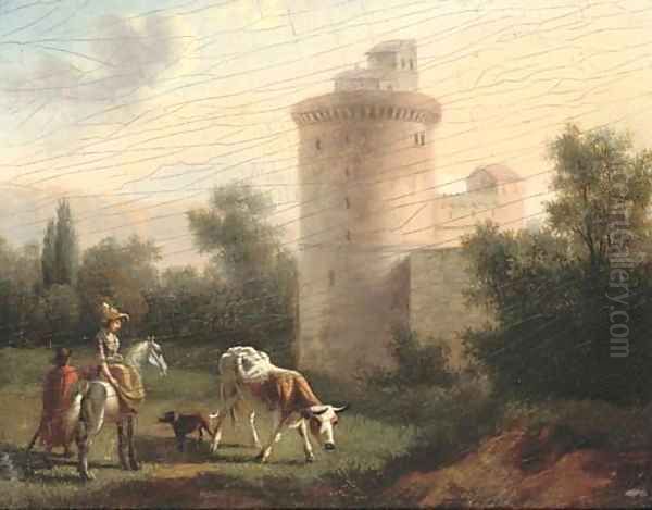 A landscape with a lady on horseback, classical building beyond Oil Painting by Jan Asselyn