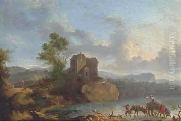 A landscape with travellers crossing a ford, a house beyond Oil Painting by Jan Asselyn