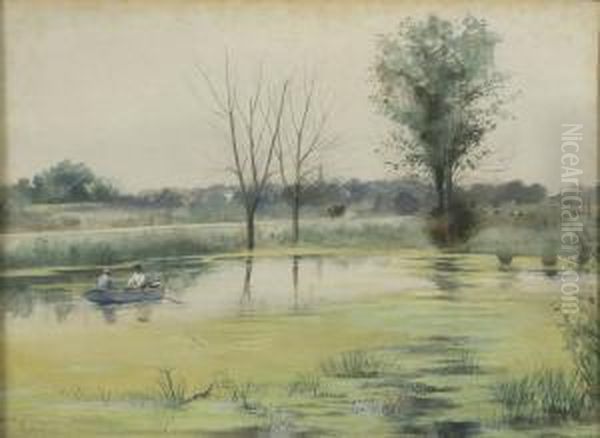 River Scene With Two Men In A Rowboat. Oil Painting by George A. Traver