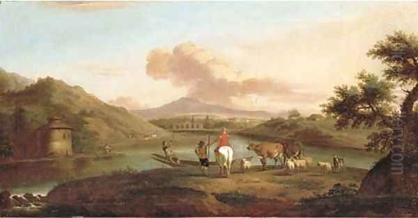 An extensive Italianate river landscape with herdsmen on a bank and a man fishing by a dwelling Oil Painting by Jan Asselyn