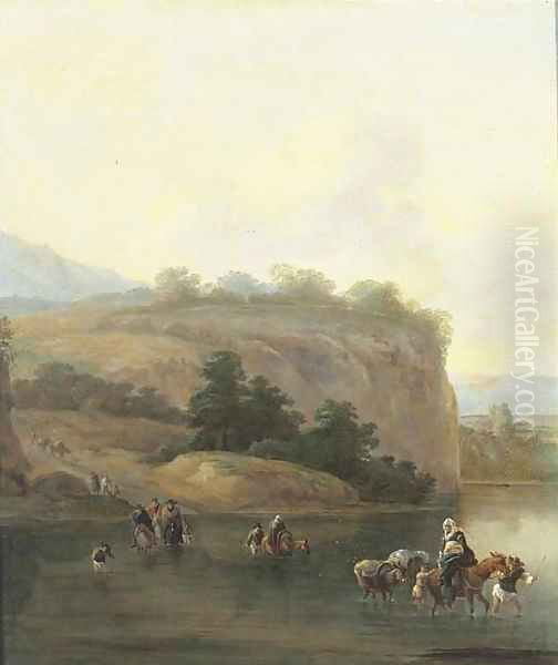 An Italianate landscape with muleteers crossing a river Oil Painting by Jan Asselyn