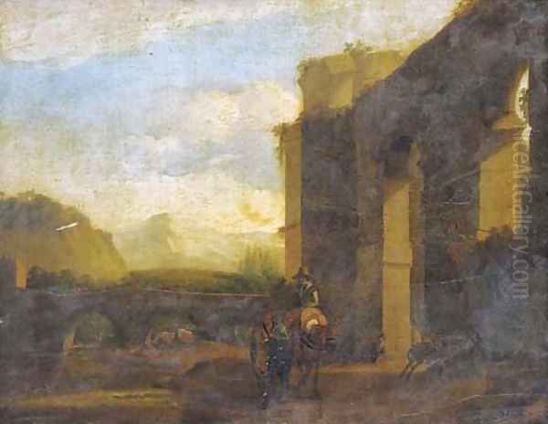 An Italianate landscape with travellers by a bridge near classical ruins Oil Painting by Jan Asselyn