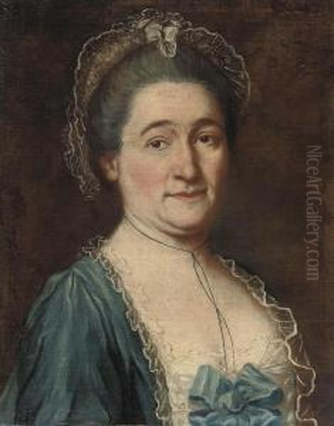 Portrait Of A Lady, Bust-length, In A Blue Silk Dress With Lace Trim And A Lace Head Dress, With Blue Border Oil Painting by Gaspare Traversi