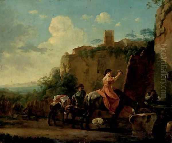 Travellers on horseback at rest by a well, a hilltop town beyond Oil Painting by Jan Asselyn