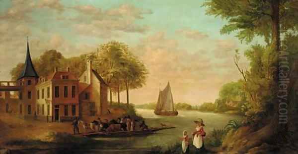 Peasants and horses disembarking from a ferry near the Star Inn Oil Painting by Juriaan Andriessen