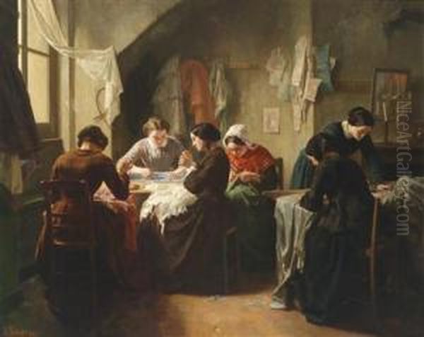 Breton Seamstresses Oil Painting by Jules Trayer