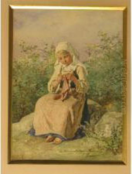 La Jeune Tricoteuse Oil Painting by Jules Trayer