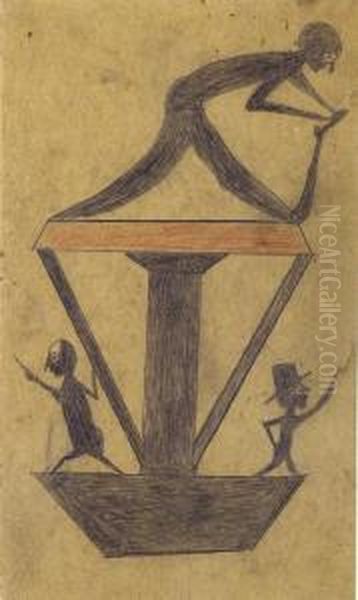 Three Figures On Construction Oil Painting by Bill Traylor