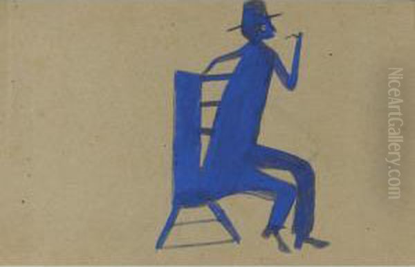 Man In A Blue Chair With A Pipe Oil Painting by Bill Traylor