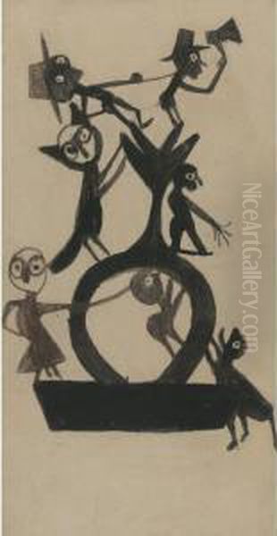 Fox And Man With Hatchet: An Exciting Event Oil Painting by Bill Traylor