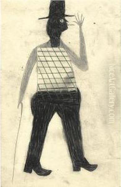 Man With Checked Shirt And Cane Oil Painting by Bill Traylor