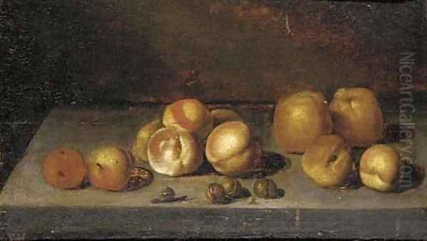 Apples, peaches, walnuts and a snail on a stone ledge Oil Painting by Bartholomeus Assteyn