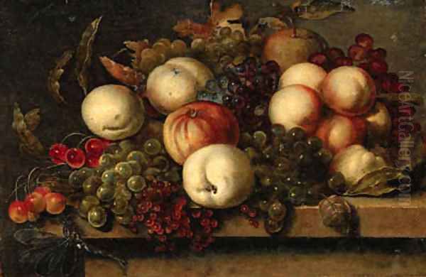 Grapes, peaches, redcurrants, cherries, an apple and a dragonfly on a ledge Oil Painting by Bartholomeus Assteyn