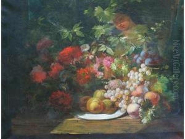 Nature Morte Aux Fleurs Et Auxfruits Oil Painting by Etienne Leon Trebutien