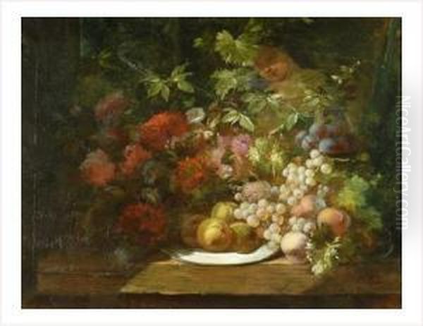 Fleurs Et Fruits Sur Un Entablement Oil Painting by Etienne Leon Trebutien